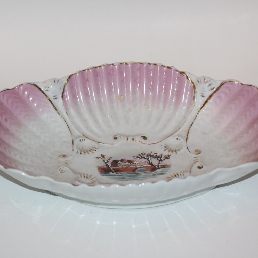 Vintage LARGE Hand Painted Console Bowl Scenic Pink & White  Measures 13 x 9 x 3